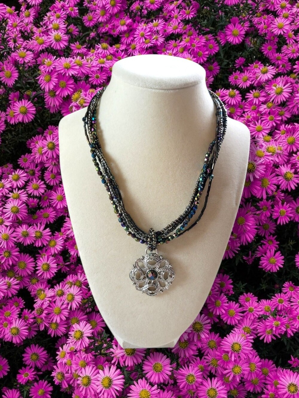 Cookie Lee | EUC Iridescent Multi Strand Boho Beaded Filigree Pendant Necklace
